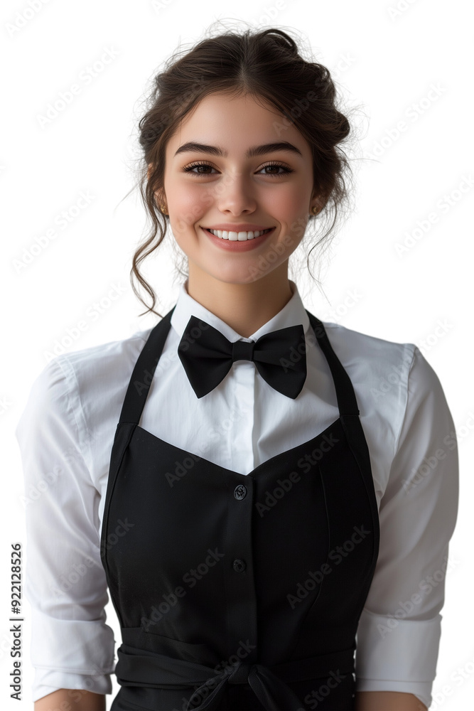 Happy female waitress in white uniform on transparent background Happy female waitress in white uniform on transparent background