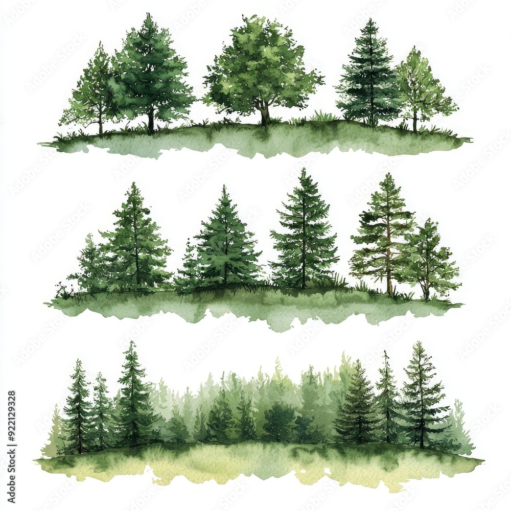 Fototapeta premium Watercolor Illustration of Pine Trees in a Forest