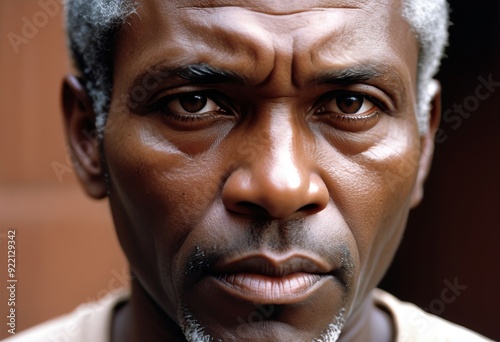 A close-up black and white portrait of a middle-aged African man