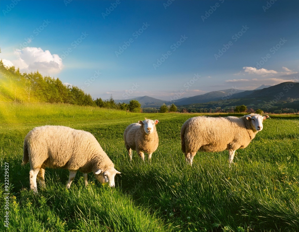 Three sheep graze in a lush, green pasture on a sunny day Three sheep graze in a lush, green pasture on a sunny day