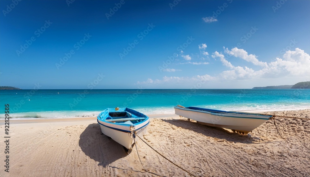 A boat is parked on a sandy beach along the shoreline, creating a striking contrast between the blue ocean and the vessel. A boat is parked on a sandy beach along the shoreline, creating a striking contrast between the blue ocean and the vessel.