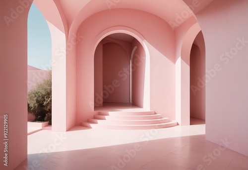 A pink and white architectural interior with arched doorways