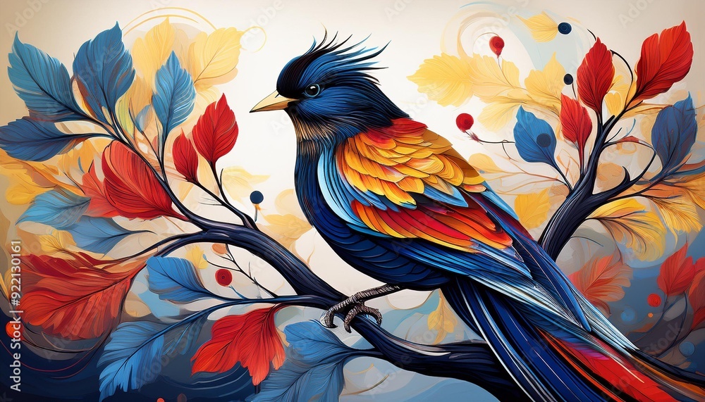 Obraz premium A colorful bird with red, blue, yellow, and black plumage sits on a branch of a stylized tree with blue, yellow, and red leaves