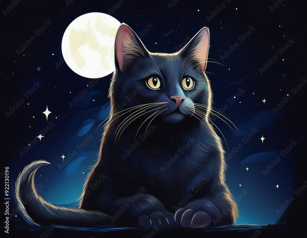 A black cat sits beneath a crescent moon, its head turned to the side A black cat sits beneath a crescent moon, its head turned to the side