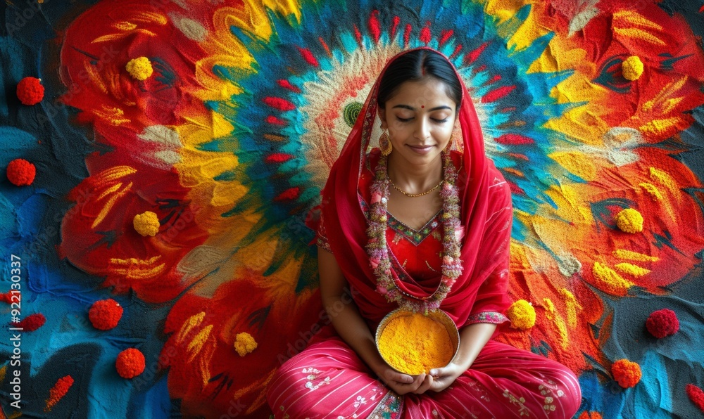 Young indian woman in tradition red mekhla on colorful bright blurred rangoli background. Diwali, Ugadi, Gudi Padwa, Hindu New Year. Indian festival banner, copy space. Young indian woman in tradition red mekhla on colorful bright blurred rangoli background. Diwali, Ugadi, Gudi Padwa, Hindu New Year. Indian festival banner, copy space.