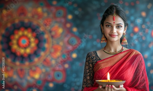 Young indian woman in  tradition red mekhla on colorful bright blurred rangoli background. Diwali,  Ugadi, Gudi Padwa, Hindu New Year. Indian festival  banner, copy space. photo