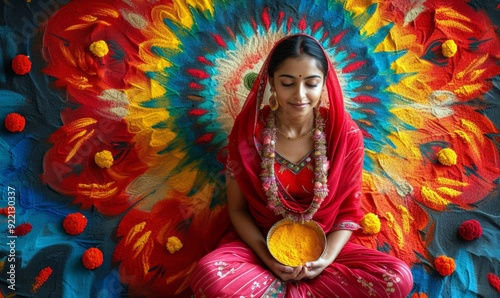 Young indian woman in  tradition red mekhla on colorful bright blurred rangoli background. Diwali,  Ugadi, Gudi Padwa, Hindu New Year. Indian festival  banner, copy space. photo