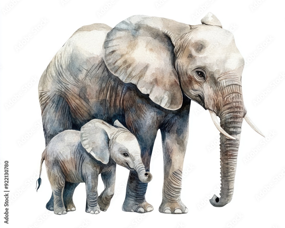 Fototapeta premium Elephant Mom and Baby. African Elephant Family in Watercolor Illustration
