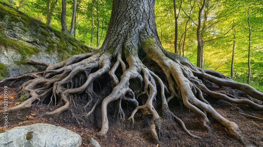 Exposed Tree Roots in Natural Forest Landscape with Old Green Trunk Exposed Tree Roots in Natural Forest Landscape with Old Green Trunk