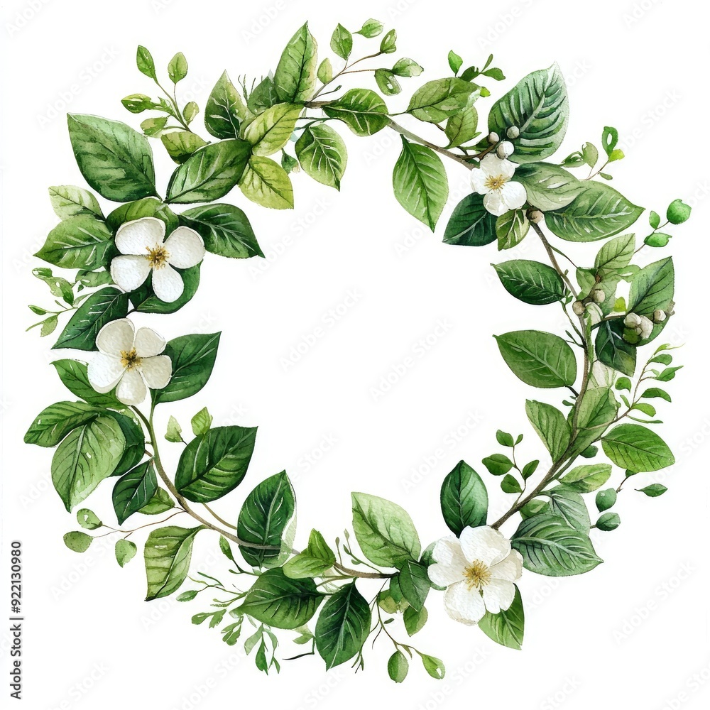 Watercolor Wreath of White Flowers and Green Leaves Watercolor Wreath of White Flowers and Green Leaves