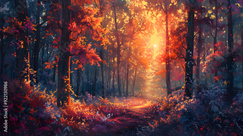 A painting of an colorful forest at sunset, balance and harmony, earthy color palettes, ultra detailed.