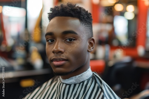 African American Barbershop. Young Man Getting Haircut at Barber Salon