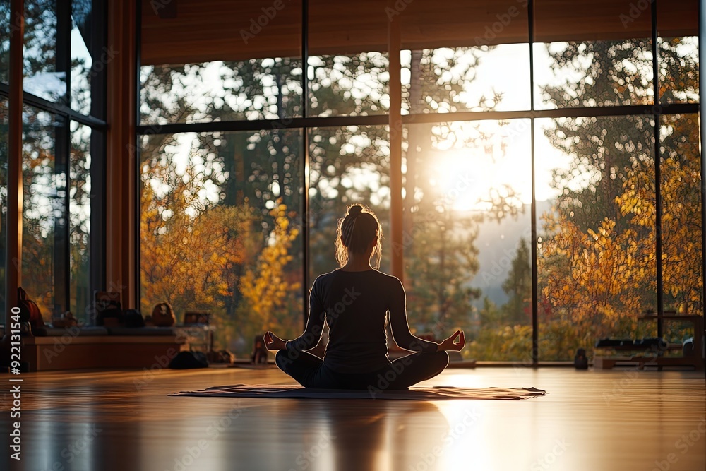 Person practicing yoga in a serene studio at sunset with trees in the background