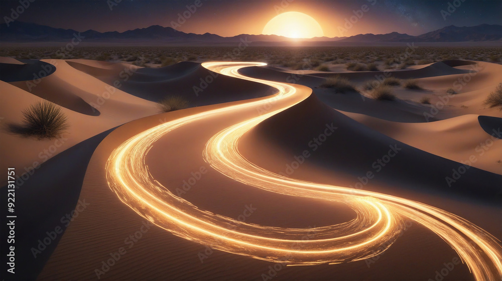 Fototapeta premium a view of street lights in the desert snaking across the sand dunes at night
