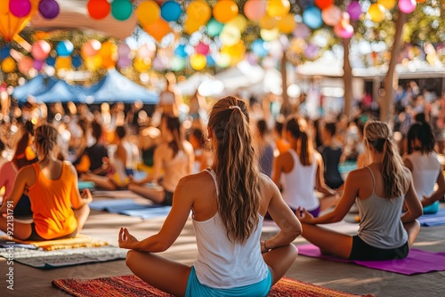 Outdoor yoga class during a vibrant festival with colorful balloons in the background, capturing the peaceful energy of participants photo