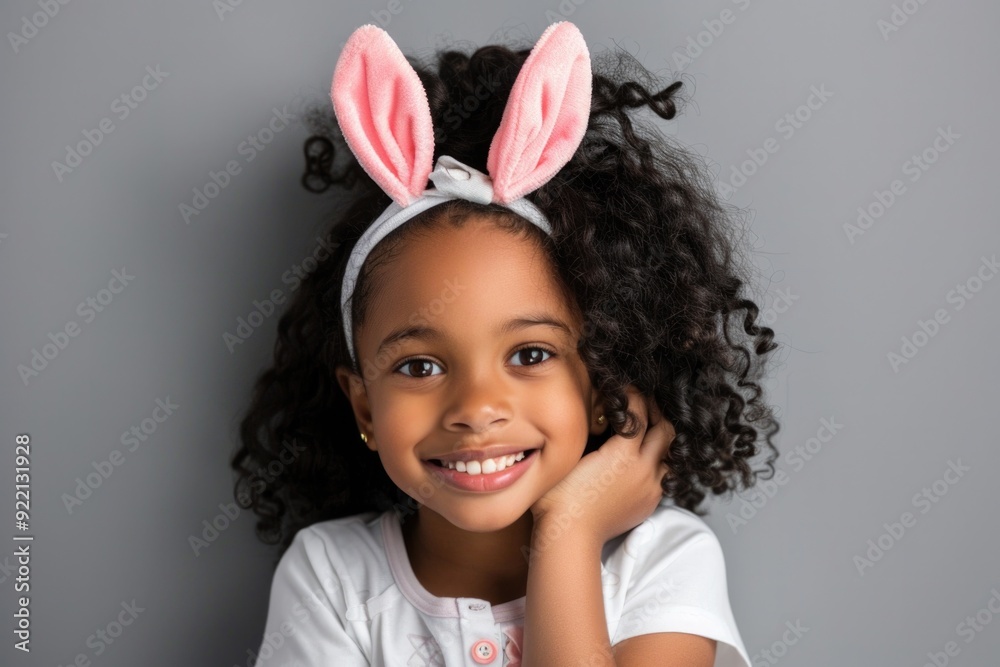 Child Easter. Happy Little African American Girl in Bunny Ears Headband Celebrating Easter Child Easter. Happy Little African American Girl in Bunny Ears Headband Celebrating Easter