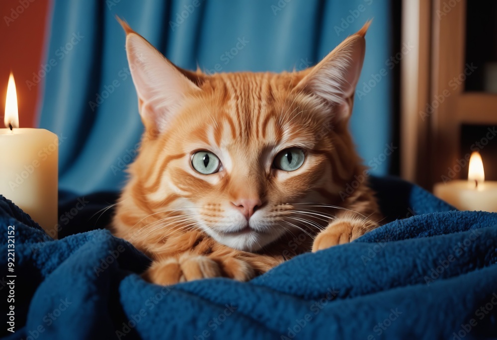 A curious orange tabby cat peeking out from a cozy blue blanket A curious orange tabby cat peeking out from a cozy blue blanket