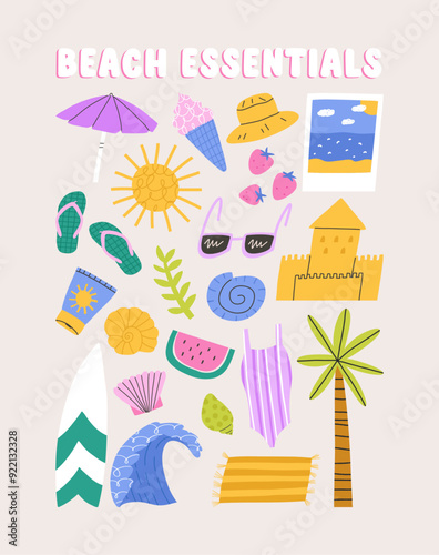Beach essentials, cartoon flat vector illustration on beige background. Cute hand drawn summer symbols - ice cream, swimsuit, surfboard, palm tree.