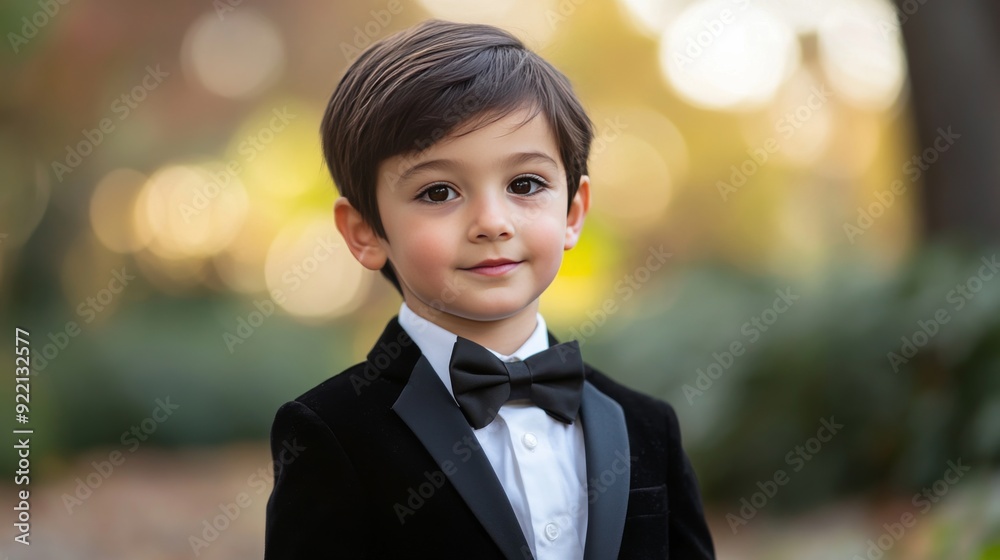 Handsome boy, dark hair, brown eyes, wearing a black tuxedo, white shirt and bow tie. His face is clean-shaven, and he is full of elegance and sophistication, conveying a timeless and classic style. Handsome boy, dark hair, brown eyes, wearing a black tuxedo, white shirt and bow tie. His face is clean-shaven, and he is full of elegance and sophistication, conveying a timeless and classic style.