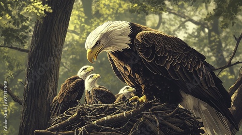 Bald eagle parent feeding eaglets in the nest. Illustration of nurturing instincts and family unity 