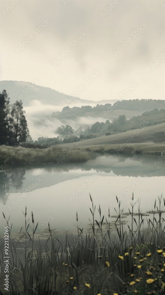 Fototapeta premium Grey tone wallpaper meadow reflection landscape outdoors.