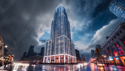 Illuminated Skyscraper at Night with Dramatic Sky in Urban Cityscape