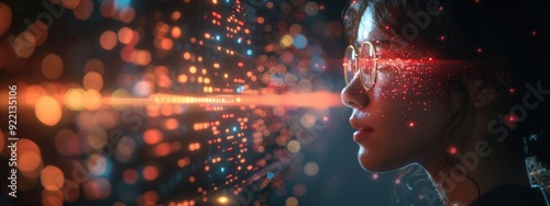 Abstract image of a data scientist merging big data visualizations with quantum computing schematics