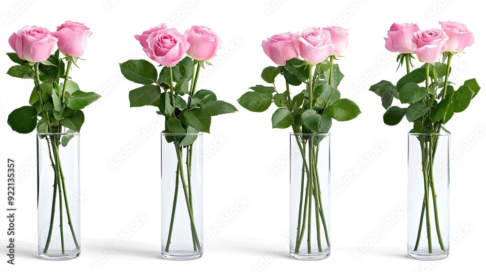 Obraz premium Beautiful pink roses arranged in beige ceramic vases showcase elegance, enhancing any decor with their soft hues and charming presence