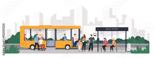 Bus stop. Seats for inclusive passengers. Public transport of people. City and intercity bus transportation. Tourist trips. Vector illustration