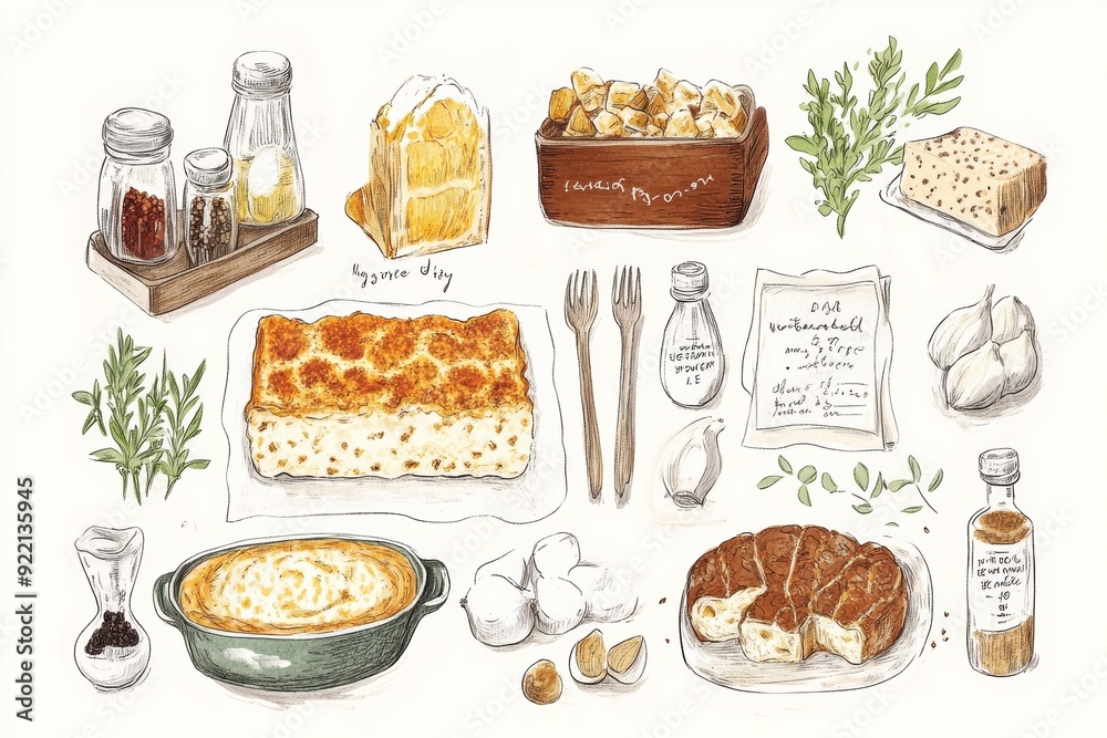 Welsh rarebit illustration, featuring step-by-step drawings of the preparation process and key ingredients, with a charming, hand-drawn style Welsh rarebit illustration, featuring step-by-step drawings of the preparation process and key ingredients, with a charming, hand-drawn style