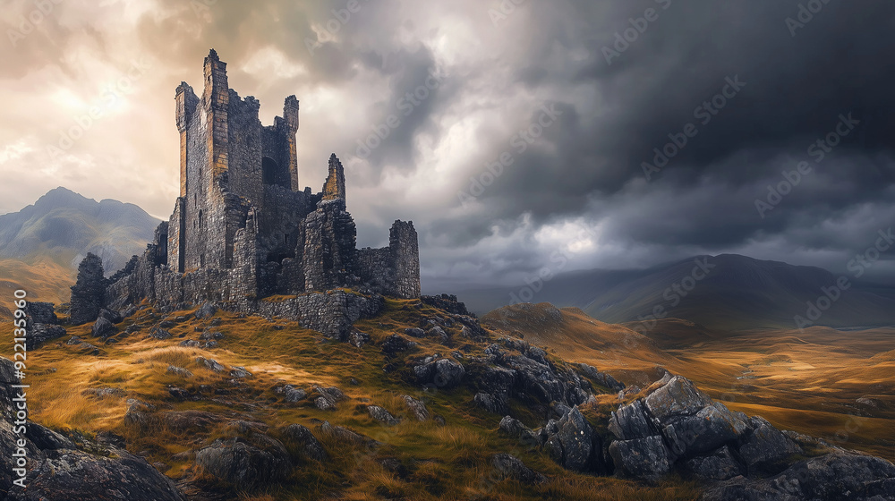 The panoramic shot shows an old, ruined castle set in hard, rocky terrain contrasting with a stormy, cloudy sky.
