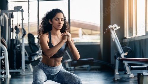 Young Asian woman doing squat workout for fat burning and diet in fitness sports gym with sports equipment in background. Beauty and body build up concept. Sports club and Aerobic theme.