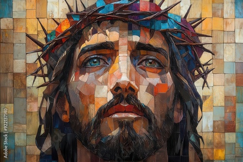 abstract divine crown cubistinspired portrait of christ fragmented face with crown of thorns using bold colors and geometric shapes photo