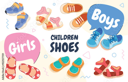 Set of cute cartoon baby shoes. Fashionable cute shoes for boys and girls. Children clothing store. Vector illustration