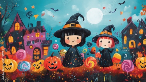 Halloween wallpaper with colorful candy, cute witches