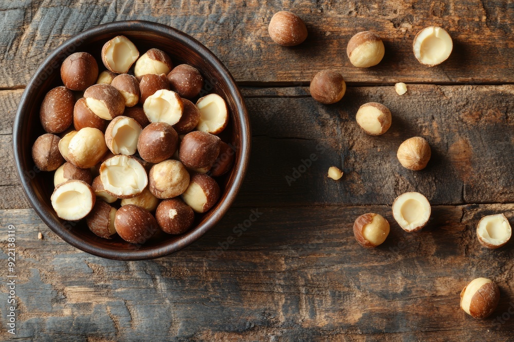 bowl of roasted macadamia nuts, with some whole nuts and others broken open to reveal their creamy interior, placed on a rustic wooden table with a few scattered nuts around bowl of roasted macadamia nuts, with some whole nuts and others broken open to reveal their creamy interior, placed on a rustic wooden table with a few scattered nuts around