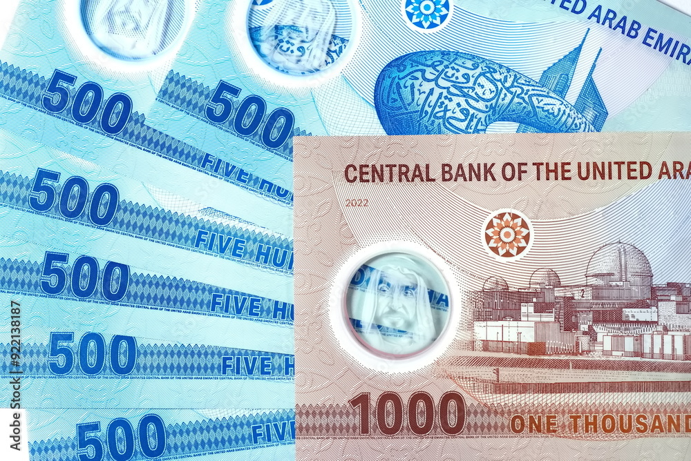 Fototapeta premium Close up Dirhams currency, AED, Bank note and coins, United Arab Emirates