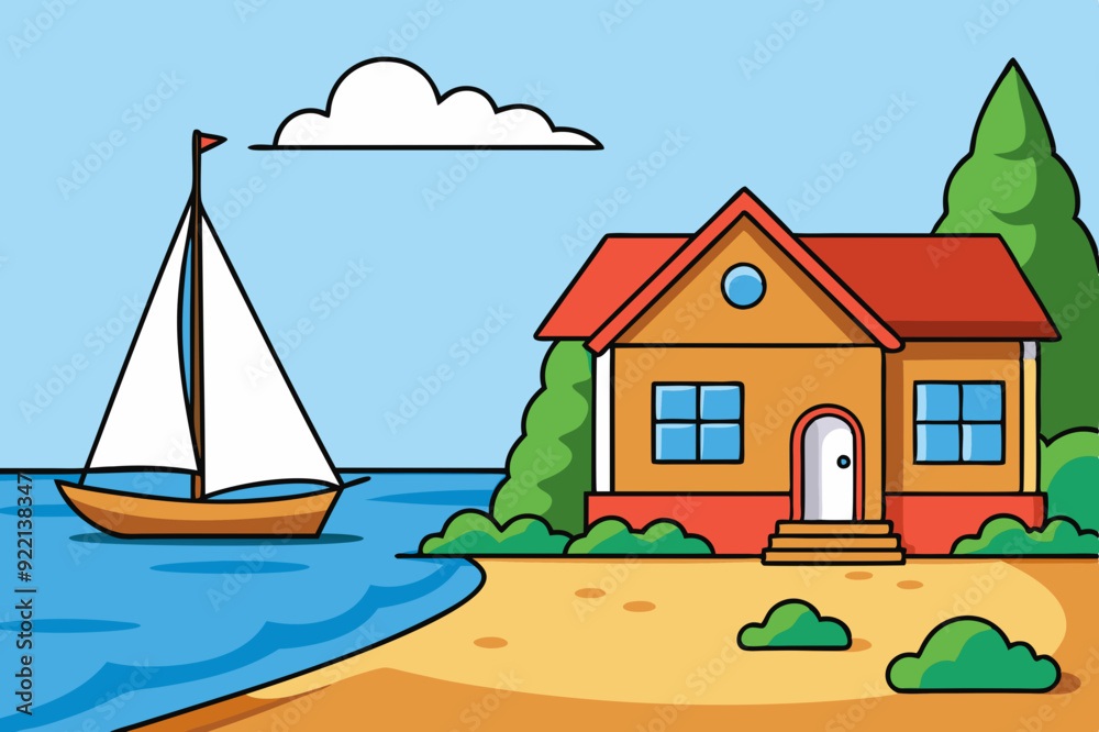 Fototapeta premium House on the shore and a sailboat next to it. Sketch illustration for coloring book art vector illustration