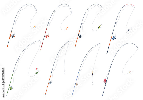 A set of fishing rods. Modern rods for fishing on reservoirs. Fishing tackle, stick, reel, fishing line, bait. Vector illustration
