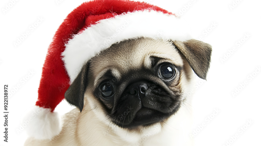 Puppy pug in a Santa's hat, isolated on white background Puppy pug in a Santa's hat, isolated on white background