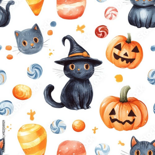 Seamless pattern of adorable Halloween elements with colorful candy, cute witches, and playful cats, designed in a minimal 2D watercolor illustration style