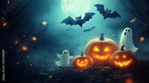 Spooky yet cute Halloween background with glowing pumpkins, mischievous bats, and friendly ghosts