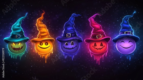 Witch Hat Smiley Faces with Halloween Moods, A collection of smiley faces wearing witch hats, each with a unique emotional expression, set against a dark and mystical background