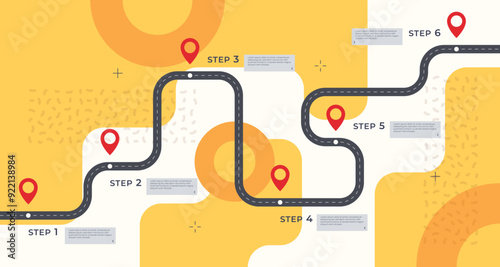 Infographic template with a road and markings on it. Concept of a business development path with key points at certain points. Vector illustration