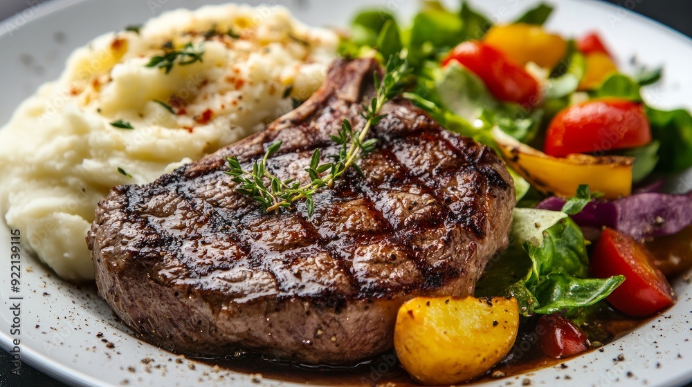 An image of a grilled rib eye steak accompanied by a vegetable salad and mashed potatoes. An image of a grilled rib eye steak accompanied by a vegetable salad and mashed potatoes.