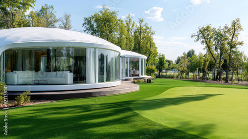 A cozy modern yurt by green grassland, luxury glamorous camping glamping