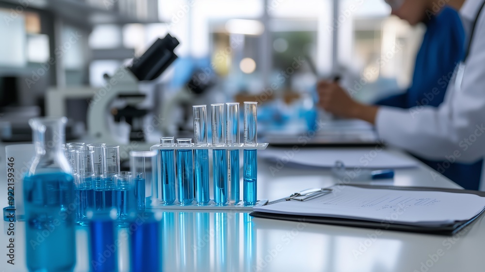 Laboratory setting with blue solutions in glassware during a research experiment Laboratory setting with blue solutions in glassware during a research experiment