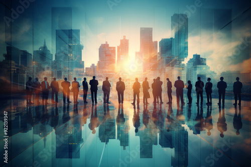 Double exposure image of many business people conference group meeting on city