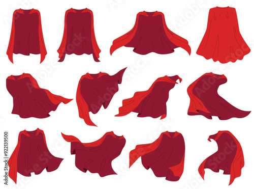 Red superhero cape. Silk cloak with red fabric in different positions. Vector illustration
