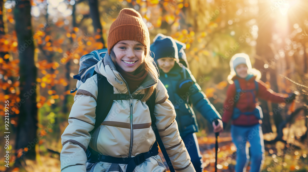 Kids are hiking in a Autumn forest on the mountain.